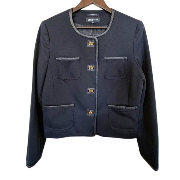 NWT Jones New York Swiss Navy Blazer 4-Pocket Jacket with Vegan Leather Piping - Picture 1 of 5